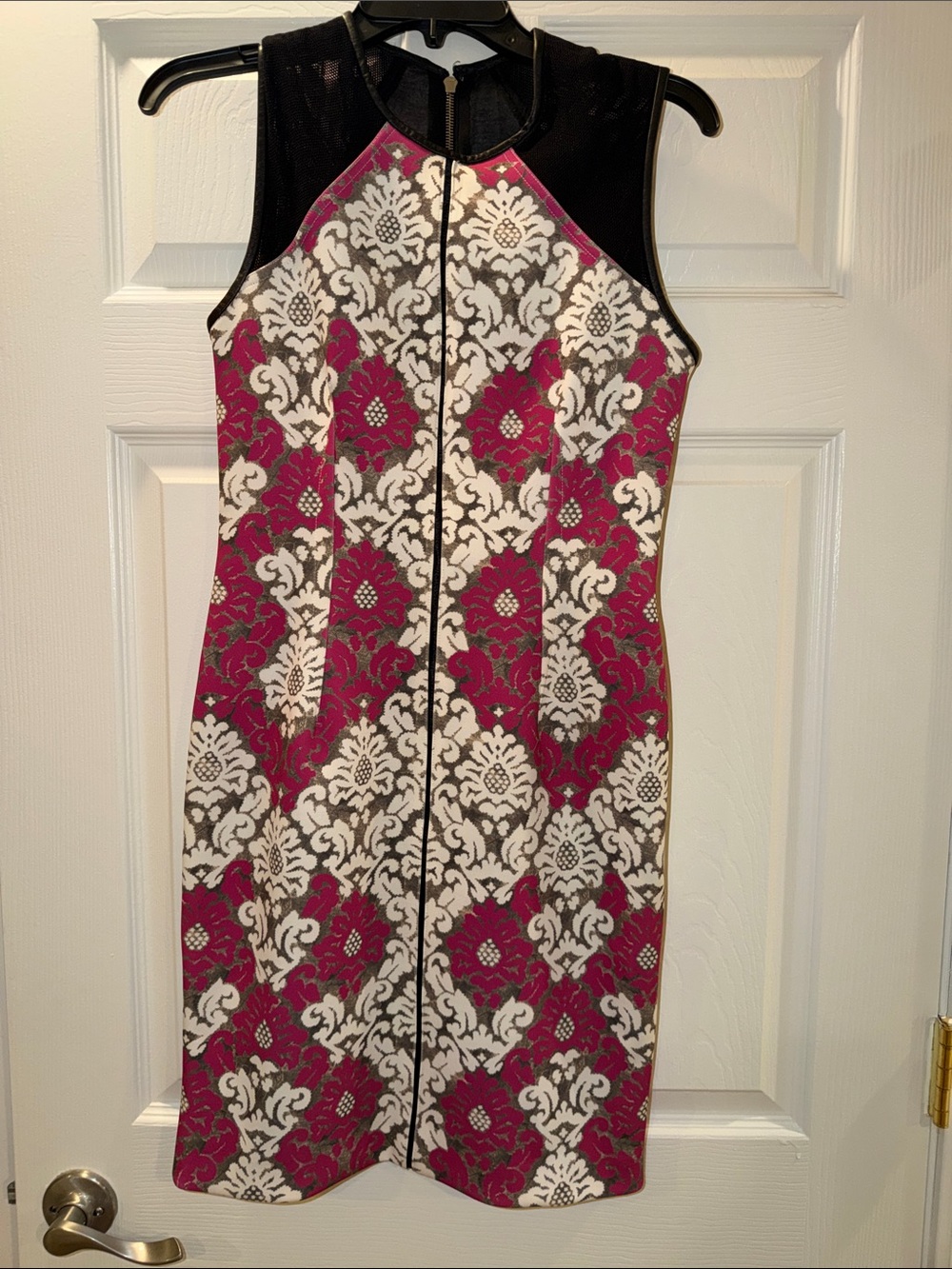 Yigal Azrouel Fuchsia, White & Black Damask Sheath Dress
